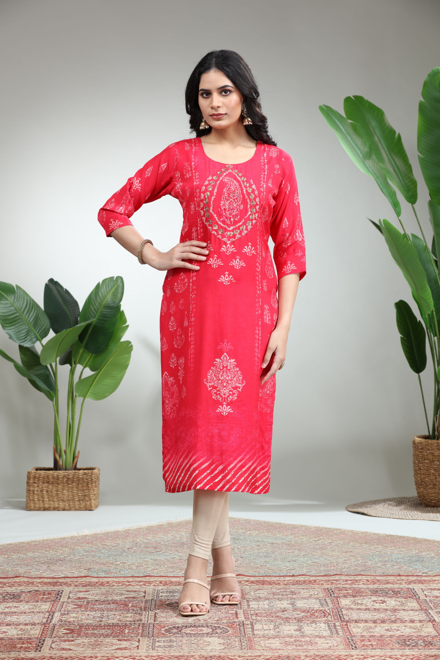 Red Printed Straight Kurti